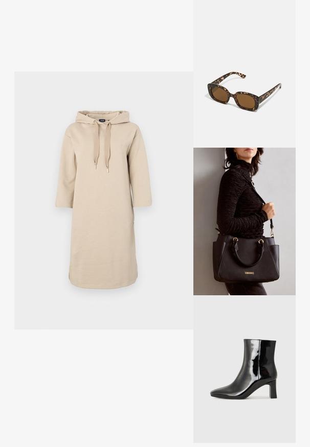 Beige klänning med huva och avslappnad passform, trekvartsärmar och dragskor. Har sidoklaffar och broderad logga på bröstet.; Svart lackläder ankelboot med spetsig tå och en medelhög klack. Slät textur och minimalistisk design.; Sköldpaddsmönstrade solglasögon med en rund, kraftig ram och bruna linser. Har subtila mönster och raka, avsmalnande skalmar.; Svart handväska med texturerad yta, dubbla handtag upptill och justerbar axelrem. Utrustad med detaljer i guld och sidofickor.
