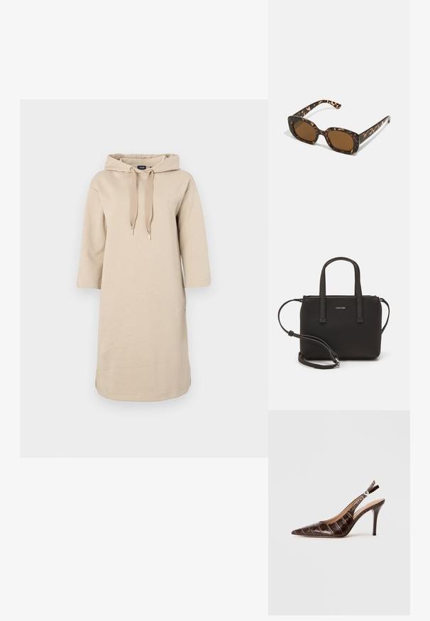 Bež haljina s kapuljačom, opuštenog kroja, tri četvrt sleeves, i vezicama za podešavanje. Ima bočne proreze i izvezeni logo na prsima.; Smeđe, kožne slingback cipele s reljefom u obliku krokodila, s izraženim vrhom, otvorenim stranama i tankom visokom potpeticom. Dizajnirane su s mogućnošću podešavanja pomoću kopče.; Tortoiseshell naočale s okvirima u obliku kruga i debelom konstrukcijom, te smešnim lećama. Imaju suptilne uzorke i ravne, sužene nogice.; Crna torba s dva kratka ručka i uklonjivom naramenicom. Glatki materijal nalik koži s zatvaračem na zatvaranje i detaljem s logom.