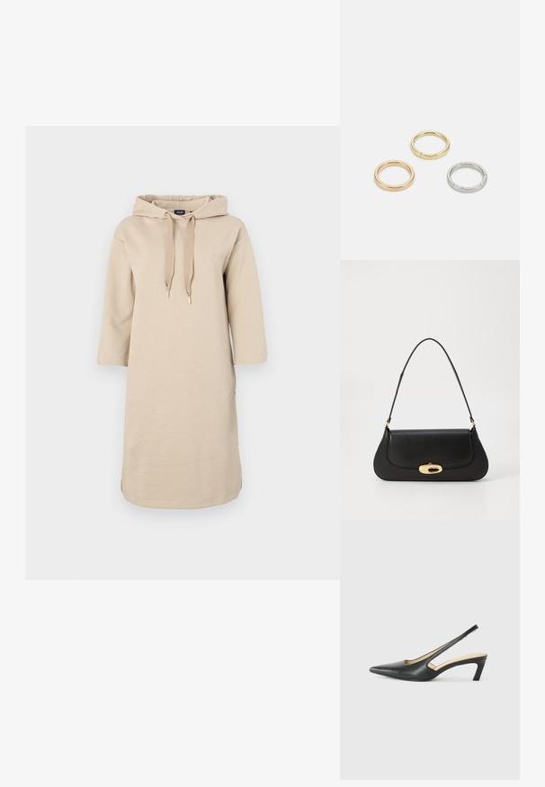 Béžové šaty s kapucí, volného střihu, tříčtvrtečními rukávy a šňůrkami na stažení. Mají boční rozparky a vyšívané logo na hrudi.; Černý špičatý slingback s nízkým podpatkem, vyrobený z hladké kůže, s výřezem na boku pro lepší prodyšnost.; Černá kožená kabelka s zakřiveným designem, zlatými akcenty a horním uchem. Vybavena elegantním zavíráním a hladkým povrchem.; Tři kovové prsteny: jeden růžově zlatý, jeden zlatý s texturovanými detaily a jeden stříbrný, všechny s vyrytým brandingem na vnitřním boku.