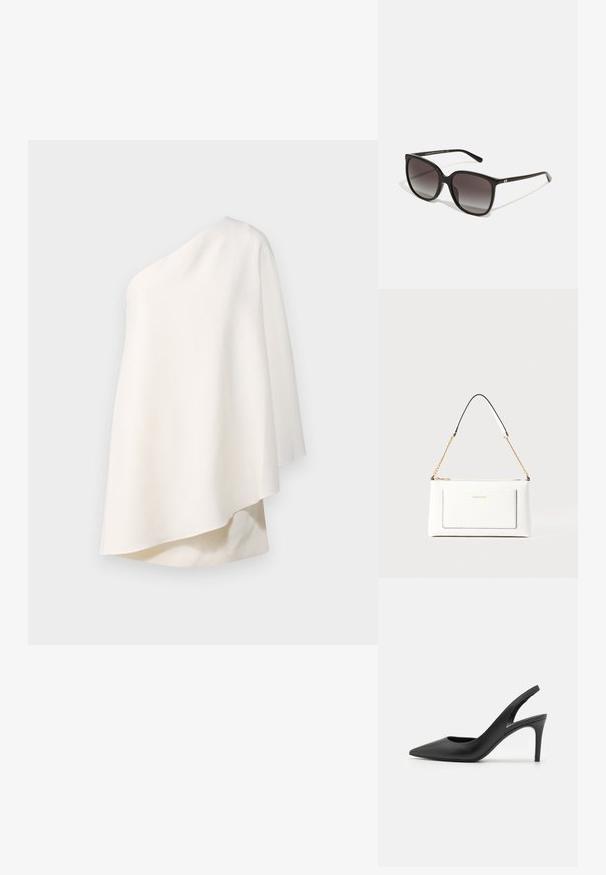 Halston MELINA  - Koktailové šaty/večierkové šaty - chalk; Čierne kožené slingback vysoké podpätky s dizajnom špicatých špičiek, s výrezom vpredu a tenkým stiletto podpätkom.; Čierne obdĺžnikové slnečné okuliare so gradientnými šošovkami, plastovým rámom a kovovým logom na spánku. Klasický dizajn s hladkým povrchom.; Biele kožené kabelka s textúrovaným povrchom, ktorá má zlatý retiazkový popruh a čierne akcenty. Obsahuje prednú kapsu a zipsové zapínanie.