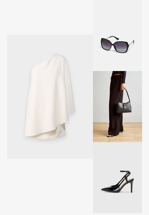Halston MELINA  - Rochie cocktail/Rochie petrecere - chalk; Pantofii slingback din piele lăcuită neagră cu toc înalt, vârf ascuțit, brățară reglabilă la gleznă și părți laterale deschise. Textură netedă.; Ochelari de soare negri, supradimensionați, cu lentile degradate, rame groase și detalii cu lanț de ton auriu pe brațele templului.; Genți negre cu o formă structurată, textură netedă și un închizător metalic. Asortată cu pantaloni negri largi și sandale cu vârf deschis pe un podea din lemn.