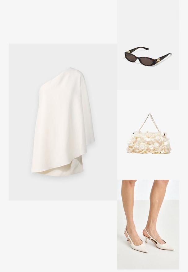 Halston MELINA - Robe de soirée - chalk; Escarpins à talon slingback en cuir verni beige avec un bout pointu et un talon de 5 cm, présentant des côtés découpés et une fine bride à la cheville.; Lunettes de soleil en écaille, avec des verres ovales allongés, teinte marron, accents de logo doré sur les branches et montures noires élégantes.; Sac à main floral blanc avec une surface en tissu froncé, une chaîne en métal doré et un fermoir en métal. Présente des pétales texturés pour plus de détail.