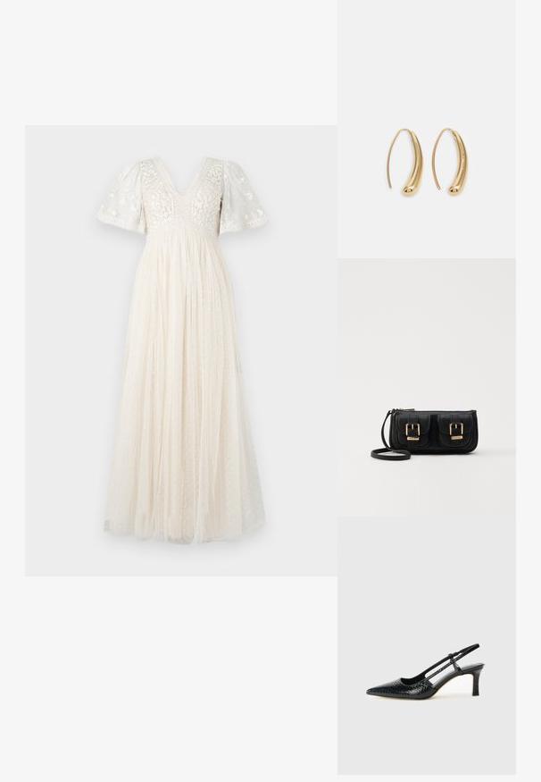 Kreminės spalvos maxi suknelė su V formos iškirpte, pūstomis rankovėmis ir gėlių siuvinėjimu. Sijonas turi permatomus sluoksnius su taškeliais, pridedančiais tekstūros.; Juodai lakuoti slingback aukštakulniai su smailiu nosiu, su tekstūruotu gyvatės raštu, reguliuojama juosta ir trumpu, tekstūruotu blokiniu kulnu.; Juodas odinis per petį nešiojamas krepšys su dviem priekiniais kišenėmis, auksiniais sagtimis, užtrauktuko uždarymu ir siauromis petnešomis. Textūruota paviršius ir kompaktiškas stačiakampis formatas.; Auksinės metalinės auskarų kabės su lenktą, pailgą forma. Turi lygų, blizgantį paviršių ir užapvalintą galiuką papildomam akcentui.