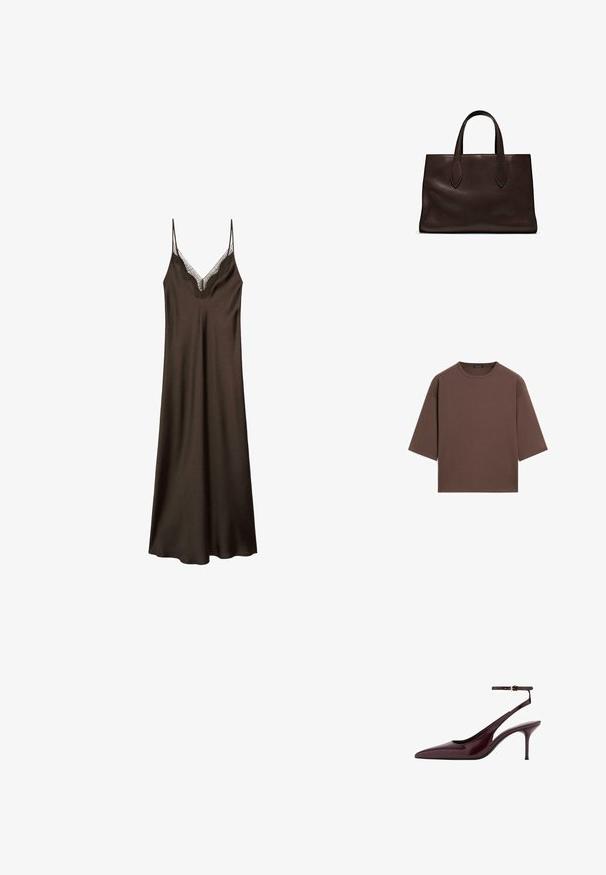 Hnědá saténová šatová šatka se síťkovým detailem na výstřihu, tenkými nastavitelnými ramínky a volným střihem, s hladkou a jemnou texturou.; Hnědý zkrácený tričko s kulatým výstřihem, krátkými rukávy a měkkou texturou. Navrženo s uvolněným střihem a minimálním zdobením.; Burgundská lakovaná kožená lodička s špičatou špičkou a tenkým páskem kolem kotníku na středně vysokém jehlovém podpatku na bílém pozadí.; Hnědá kožená taška přes rameno s dvěma dlouhými uchy, strukturální obdélníkový tvar, hladká textura a jemné švy.