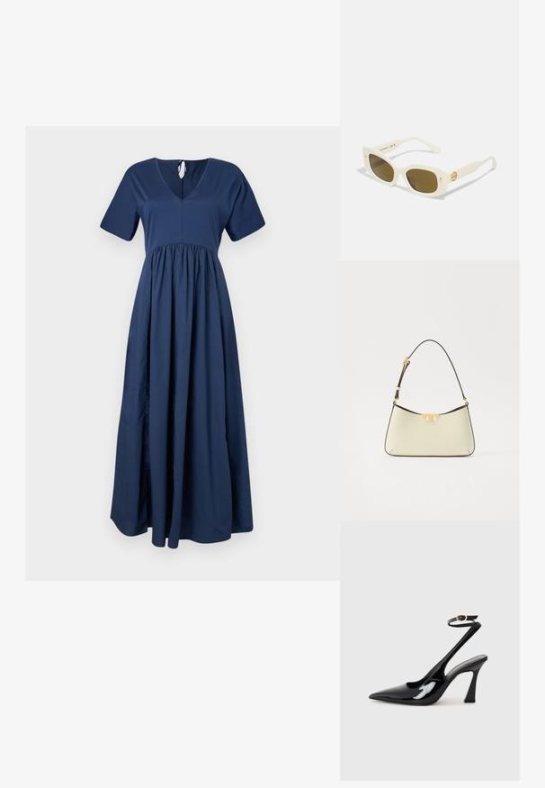 Marineblaue Maxikleid mit kurzen Ärmeln, V-Ausschnitt und gerafftem Taillenbereich. Hergestellt aus glattem Material mit fließender Silhouette und einer Krawatte hinten.; Schwarze Lackleder-Slingbacks mit spitz zulaufender Zehenpartie, verstellbarem Knöchelriemen und moderatem Blockabsatz. Glatte Textur mit glänzender Oberfläche.; Weiße Kunststoffsonnenbrille mit rechteckigem Rahmen, braunen Gläsern und einem goldenen Akzent an den Bügeln. Glatte Textur und modernes Design.; Lederhandtasche in Creme mit einer geschwungenen Form. Verfügt über ein goldfarbenes Logo-Detail und einen dünnen, verstellbaren dunklen Tragegurt.