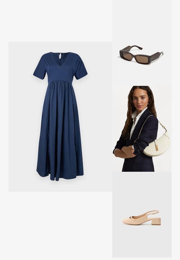 Robes maxi bleu marine à manches courtes, décolleté en V et taille froncée. Réalisée en tissu doux avec une silhouette fluide et une fermeture à nouer dans le dos.; Chaussure slingback en cuir verni beige avec un bout carré, un petit talon bloc et un détail de nœud décoratif sur la sangle avant.; Lunettes de soleil Gucci avec des verres bruns rectangulaires, une monture en acétate écaille de tortue et des détails en or avec le logo sur les branches.; Sac en cuir blanc à la forme arrondie, avec des accessoires en or et une finition texturée, porté sur un blazer sombre et une chemise blanche.