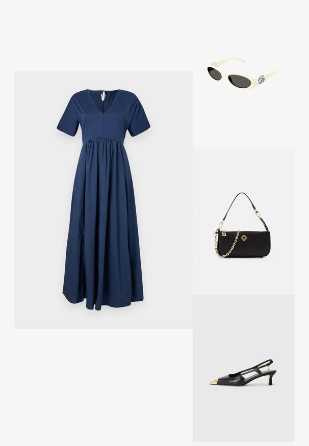 Granatowa sukienka maxi z krótkimi rękawami, dekoltem w literę V i marszczonym pasem. Wykonana z gładkiego materiału, o zwiewnej sylwetce i z zapięciem na wstążkę z tyłu.; Czarne skórzane buty slingback z wysmuklonym noskiem i złotą metalową czubkiem. Posiadają wycięcia w designie oraz smukły obcas z regulowanym paskiem.; Okulary przeciwsłoneczne w kolorze kremowym z owalnymi soczewkami, czarnym przyciemnieniem i metalowymi logo na zausznikach. Gładka faktura, design w stylu kociego oka.; Czarna torebka o gładkiej fakturze, z złotym łańcuchem na pasku, zamknięciem na zamek błyskawiczny oraz dekoracyjnym złotym emblematem z przodu.