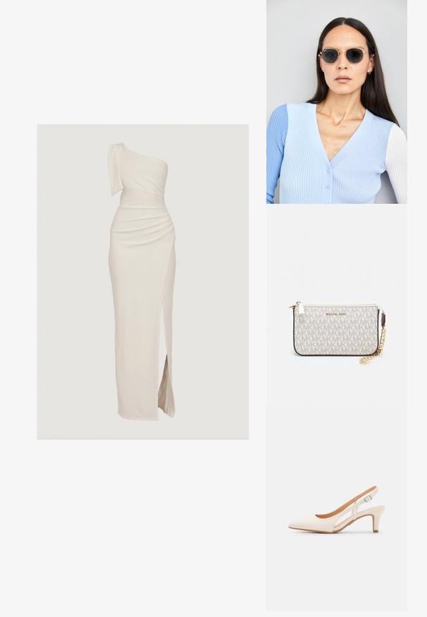 Vestido longo de um ombro só em creme, com textura plissada e uma fenda alta até à coxa. Feito de tecido suave e elástico para maior conforto.; Sandal com salto branco, ponta afilada, material superior liso, salto bloco baixo e design com recortes laterais, com tira ajustável.; Óculos de sol redondos com lentes escuras e armação dourada. O modelo usa um cardigan canelado azul claro com botões e mangas brancas em contraste.; Pochete Michael Kors em tela revestida bege com padrão repetido do logotipo MK, ferragens douradas e uma alça de corrente destacável.