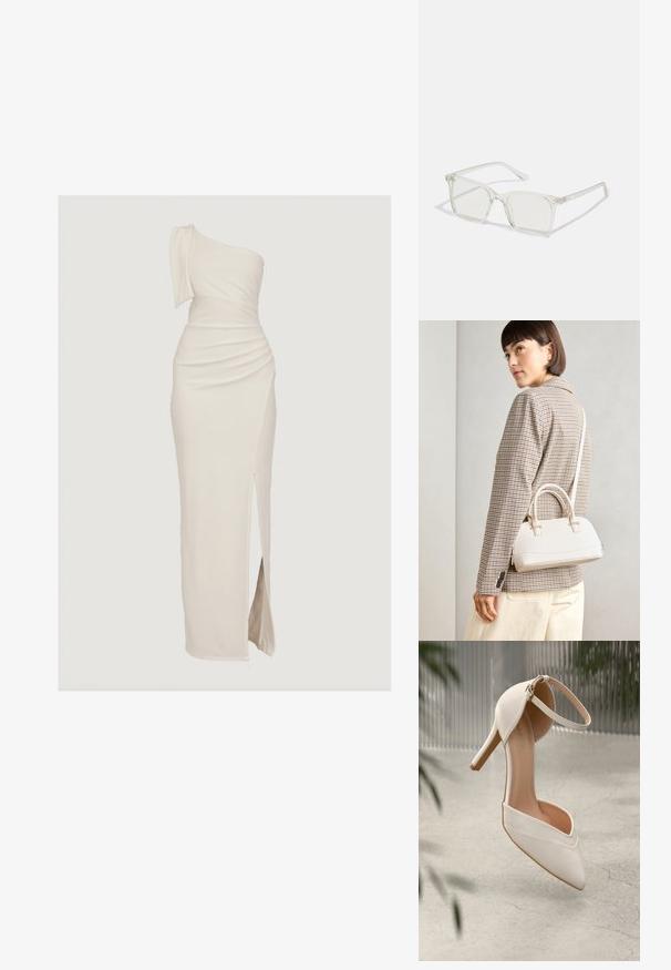 Enosno, dolg obleka v kremni barvi z naborki in razporkom do stegna. Narejena iz gladkega, elastičnega materiala za udobje.; Bele visoke petne čevlje iz gladkega materiala s koničastim nosom in gležnjenim trakom. Imajo svetlo tan notranjost in zlat ton dodatkov.; Prozorne kvadratne plastične očala s prozornimi lečami, ki imajo zlato dekoracijo na ročajih za dodaten pridih podrobnosti.; Bela strukturirana torba z kratkimi ročaji in naramnim trakom, z zlatimi okrasnimi elementi in teksturiranim materialom, prikazana na sivi podlagi.