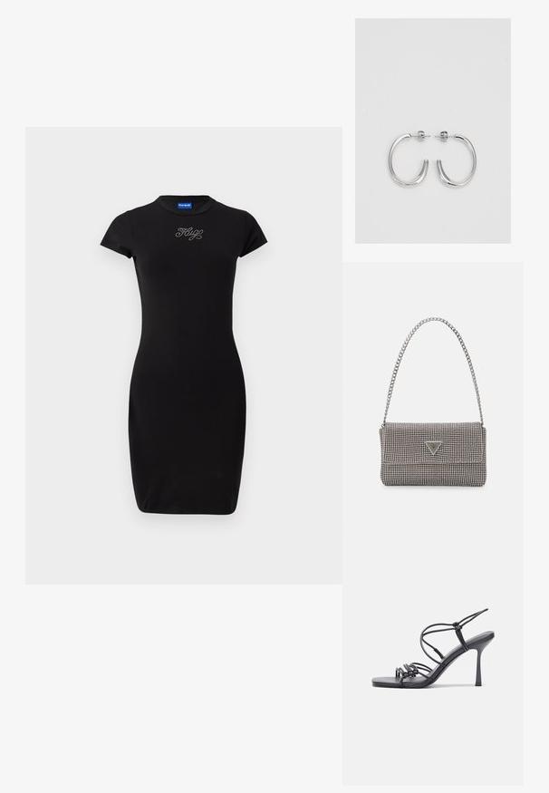 Musta, tiukasti istuva mekko, joka on valmistettu joustavasta kankaasta. Mekossa on lyhyet hihat ja pyöreä kaula-aukko. Edessä on kristallikoristeltu logo-detail.; Mustat korkokengät sandaalit, joissa on ohuet hihnat solmittuna, sileä neliön muotoinen varvasosa ja tyylikäs stiletto-korko.; Vaalea harmaa metallinen käsilaukku, jossa on ketjusanka. Laukku on koristeltu pienillä pyöreillä metallikoruilla ja kolmion muotoisella brändilogolla.; Hopehopeet hopehopeet hopehopeet hopehopeet, jolla on sileä, kiiltävä pinta. Pyöreä muoto, kevyt rakenne, jossa on neulakiinnitys.