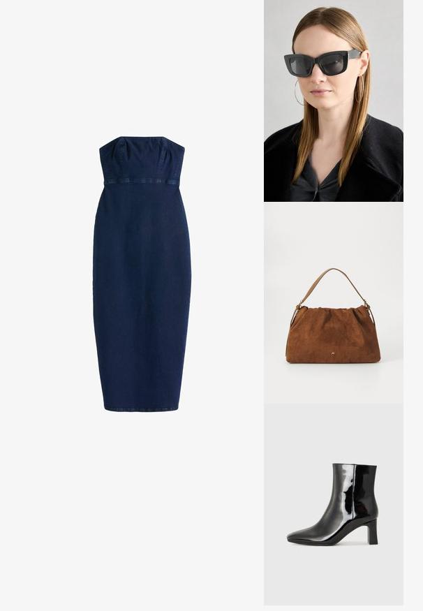 Rochie din denim de culoare albastru închis, fără bretele, cu o siluetă ajustată, până la genunchi, cu un corset plisat și detalii cu cusătură orizontală la talie.; Botine negre din piele lacuită, cu vârful ascuțit și toc bloc de înălțime medie. Textură netedă și design minimalist.; Ochelari de soare negri tip cat-eye cu lentile întunecate, rame groase și accente subtile. Purtați cu o haină neagră și un top gri, având părul lung și drept.; Geantă din suede maro cu un design plisat, având o curea din piele bej și un detaliu subtil cu logo auriu în partea din față.