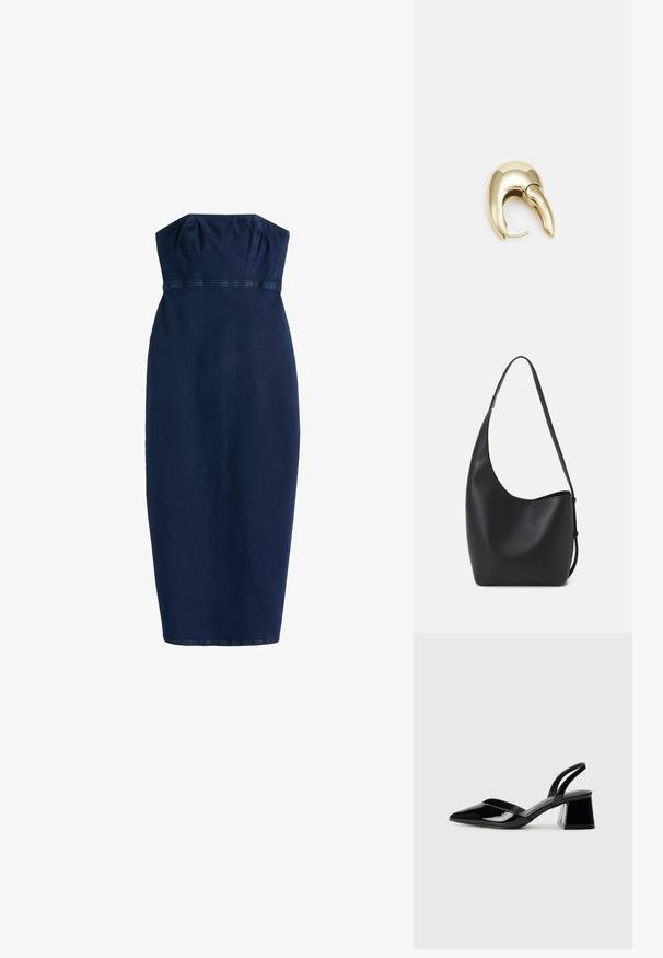 Granatowa dżinsowa sukienka bez ramiączek, dopasowana sylwetka, do kolan, z marszczonym topem i poziomymi szwami w talii.; Czarne lakierowane półbuty na obcasie z wydłużonym noskiem i geometrycznym słupkiem. Charakteryzują się eleganckim, minimalistycznym designem oraz gładką fakturą.; Czarna skórzana torba hobo o gładkiej fakturze, zaokrąglonym kształcie i pojedynczym, regulowanym pasku; posiada szerokie otwarcie na górze.; Złote metalowe kolczyki o eleganckim, zakrzywionym kształcie. Posiadają charakterystyczny szpiczasty kształt, polerowaną powierzchnię oraz zapięcie na zawias.