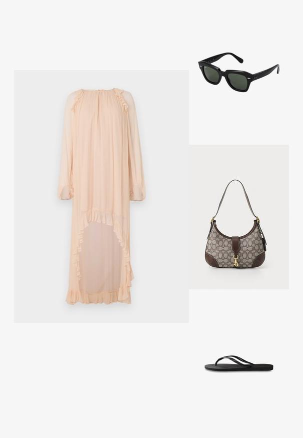 Duga, svijetla breskvasto ružičasta haljina od lagane tkanine, s nabranim detaljima na izrezu i rubu, te visokim prorezom s jedne strane.; Crne japanke s teksturiranom gumenenom potplatom, dva uska remena i suptilnim, urezanim logom na remenu.; Crne kvadratne sunčane naočale s tamnozelenim naočalama, s naglašenim okvirom i srebrnim detaljima sa strane. Proizvedeno u Italiji.; COACH HAMPTONS HOBO BAG IN SIGNATURE JACQUARD - Ručna torba - oak maple