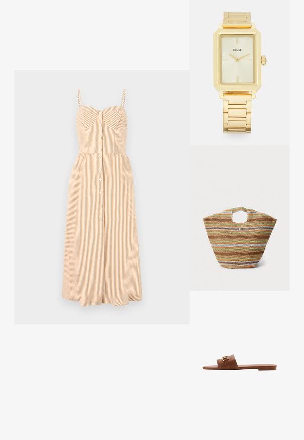 Trägerkleid in hellorange und weißen vertikalen Streifen, mit tailliertem Oberteil, Knopfverschluss und schwingendem Midi-Rock.; Braune Leder-Sandale mit zwei breiten Riemen, dekorativen Nähten und einem Akzent in Goldfarbe. Flache Sohle.; Gewebte Strohtasche mit mehrfarbigen Streifen in Braun, Grün, Orange und Blau. Verfügt über eine flache Form und zwei Handöffnungen. Leichtes Design.; Goldfarbene rechteckige Armbanduhr mit minimalistischem Design, ausgestattet mit einem cremfarbenen Zifferblatt, goldenen Zeigern und einem Gliederarmband aus Metall. Die Markierungen umfassen den Markennamen.