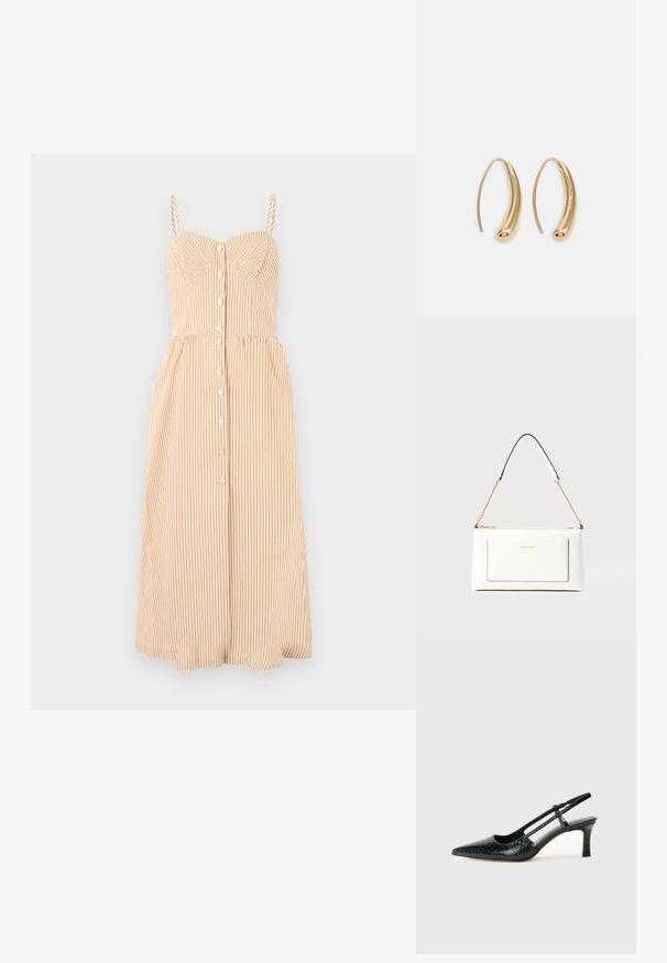 Šviesiai oranžinė ir balta vertikalių juostelių suknelė su petnešėlėmis, turinti prigludusią liemenę, mygtukų užsegimą ir platėjantį midi sijoną.; Juodai lakuoti slingback aukštakulniai su smailiu nosiu, su tekstūruotu gyvatės raštu, reguliuojama juosta ir trumpu, tekstūruotu blokiniu kulnu.; Balta odinė rankinė su tekstūruotu paviršiumi, turinti auksinį grandinėlės dirželį ir juodas detales. Įskaičiuota priekinė kišenė ir užtrauktuko uždarymas.; Auksinės metalinės auskarų kabės su lenktą, pailgą forma. Turi lygų, blizgantį paviršių ir užapvalintą galiuką papildomam akcentui.