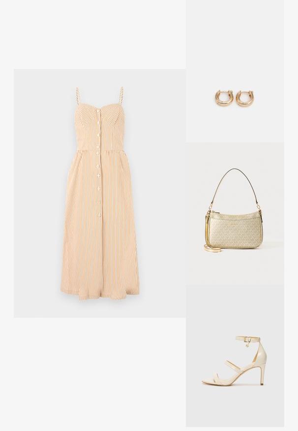Sukienka na ramiączkach w jasnopomarańczowe i białe pionowe paski, z dopasowanym korpusem, zapięciem na guziki i rozkloszowaną midi spódnicą.; Beżowe sandały na obcasie z cienkim paskiem na kostce i dwoma górnymi paskami. Błyszczące lakierowane wykończenie i złote detale na pasku na kostce.; Torebka o złotej fakturze z gładkim skórzanym paskiem, z zamknięciem na zamek błyskawiczny i dyskretnym wzorem logo nadrukowanym na powierzchni.; Złote kolczyki w kształcie obręczy z wypolerowanym wykończeniem, charakteryzujące się grubym, okrągłym wzorem i bezpiecznym zapięciem. Gładka faktura i błyszczący wygląd.