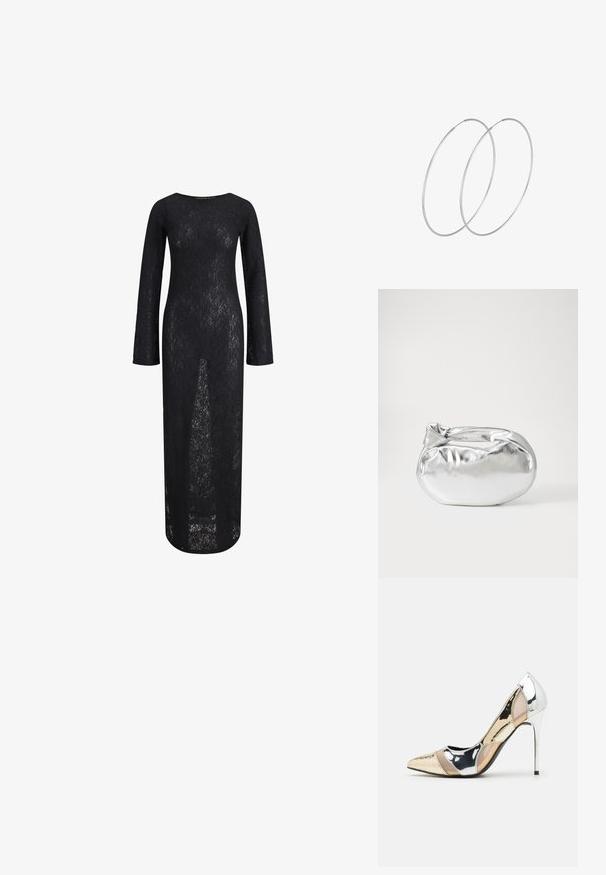 Melna mežģīņu maksi kleita ar garām piedurknēm un taisnu siluetu. Izceļ augsts kakla izgriezums un ziedu mežģīņu raksts, puscaurspīdīga tekstūra.; Apspīlēta augstpapēžu kurpe ar zeltītu, sudrabi un neitrālu krāsu kombināciju. Spīguļojoša virsma ar izgriezuma dizainu, aprīkota ar stiletto papēdi.; Sudraba metāliska poga somiņa ar mīkstu, noapaļotu formu un mezgla augšējo aizdari. Izgatavota no gludas mākslīgās ādas materiāla.; Sudraba gredzenveida auskari ar minimālistisku dizainu. Cirkulāra forma, gluda tekstūra un plāns profils. Vieglu svaru ar spīdīgu apdari.