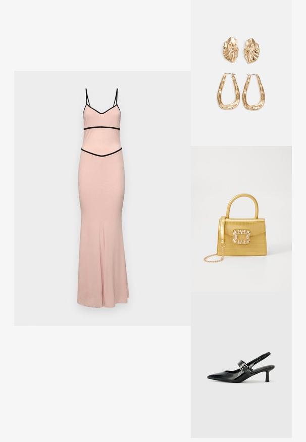 Rozā kleita ar plānām melnām siksnām, piegulošu augšdaļu un izplešu apakšu. Tās dizainā iekļauti horizontāli melni akcenti jostasvietā un dekoltē. Gluda tekstūra.; Melnas lakotas ādas sūkņa kurpes ar norādītu purngali un mazu bloku papēdi, ar sudraba sprādzi akcentā uz jostas.; Dzeltena mākslīgā krokodila roku soma ar strukturētu dizainu, augšējo rokturi, noņemamu ķēdes siksniņu un dekoratīvām kristāla rotājumiem aizdares daļā.; Zelta krāsas auskari ar teksturētām, viļņotām formām. Iekļauts skulpturāls piespraužams modelis un atvērta gredzenveida konstrukcija ar izsistām virsmām.