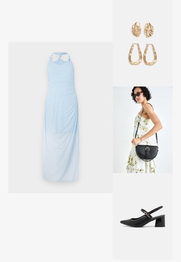 Lyseblå halterneck-kjole med rynket tekstur, med knyttede skulderstropper og en lang, flytende silhuett.; Sorte lakk lær slingback hæler med spiss tå, et avrundet utskjæringsdesign og blokkheel. Har en gulltone spenne som detalj.; Svart lærveske med en buet form, avtagbar stropp og gullbeslag. Vesken har et klaff med spenne-detall.; Gullfargede øredobber med teksturerte, bølgete former. Inkluderer skulpturelle klipsstuds og åpen hoop-design med en hamret finish.