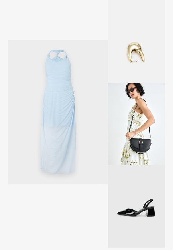 Rochie de culoare albastră deschisă, cu gât halter și textură pliată, având bretele nodate și o siluetă lungă și fluida.; Pantofi cu toc slingback din piele lacuită neagră, cu vârf ascuțit și toc geometric. Prezintă un design elegant, minimalist și o textură netedă.; Geantă din piele neagră, cu o formă curbată, curea detașabilă și accesorii aurii. Geanta are un capac cu un detaliu tip cataramă.; Cercei din metal de culoare aurie cu un design elegant și curbat. Prezintă o formă distinctivă, ascuțită, o suprafață lustruită și un sistem de închidere cu balama.