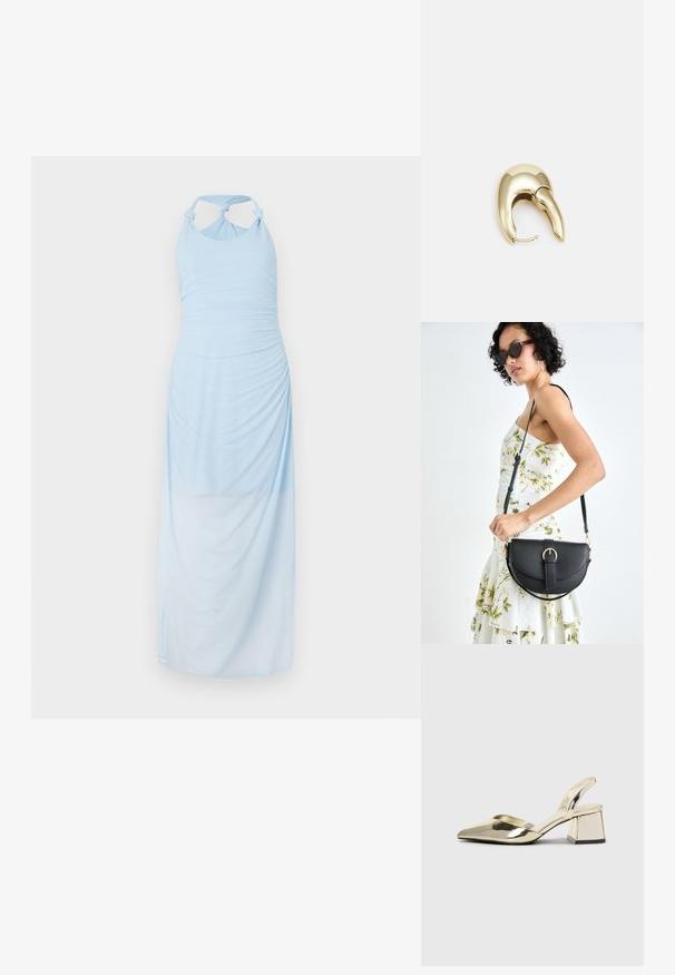 Gaiši zila halter stila kleita ar ručķētu tekstūru, kas aprīkota ar mezglotiem plecu siksnām un garu, plūstošu siluetu.; Zeltaini, metāla kurpes ar siksniņām, norakans purngalis un masīla papēdis. Gluda tekstūra, minimālisma dizains un šaura siksna.; Melnas ādas rokassoma ar izliekta formu, noņemamu siksnu un zelta aksesuāriem. Somai ir vāciņš ar sprādzes detaļu.; Zeltīti metāla auskari ar gludu, izliekta dizaina. Ar atšķirīgu smailu formu, pulētu virsmu un eņģu aizdari.