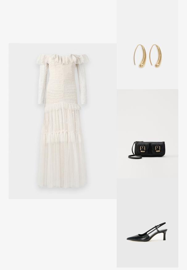 Vestido off-the-shoulder de mangas longas em creme claro. Tecido texturizado com babados, franzidos e saia em tule em camadas adornada com lantejoulas.; Salto slingback em patente preta com bico apontado, apresentando um padrão de pele de cobra texturizado, tira ajustável e um salto bloco curto e texturizado.; Bolsa de ombro em couro preto com dois bolsos frontais, fivelas douradas, fecho de zíper e uma alça fina. Superfície texturizada e forma retangular compacta.; Brincos em metal dourado com forma de arco alongado e curvado. Apresentam uma superfície lisa e brilhante, com uma ponta arredondada para um detalhe adicional.