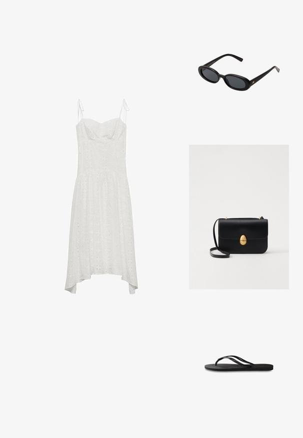 Vestido blanco de algodón con tirantes ajustables, escote en forma de corazón, patrón de ojales y dobladillo asimétrico. Textura suave y diseño fluido.; Chanclas negras con suela de goma texturizada, dos tiras delgadas y un sutil detalle de logo en relieve en la tira.; Gafas de sol grandes de color negro con lentes ovalados, montura de plástico suave y detalles dorados en las patillas. Los lentes oscuros ofrecen protección solar.; Bolso de mano de cuero negro con forma rectangular estructurada. Presenta un cierre ovalado dorado y una delgada correa para el hombro. Textura suave.