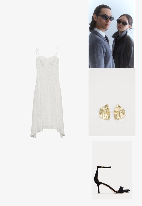Hvid bomulds kjole med justerbare stropper, sweetheart-halsudskæring, broderet mønster og asymmetrisk kant. Blød tekstur og flydende design.; Lauren Ralph Lauren ALLIE MID HEEL SUEDE SANDAL - Sandaler - black; Solbriller med angulære sorte stel på en model iført en grå sweater, der viser struktureret strik og en sort læderjakke båret af en anden model.; Guldmetalløreringe med et bølget design; glat, reflekterende overflade; asymmetrisk form; ingen synlige mønstre eller hardware.