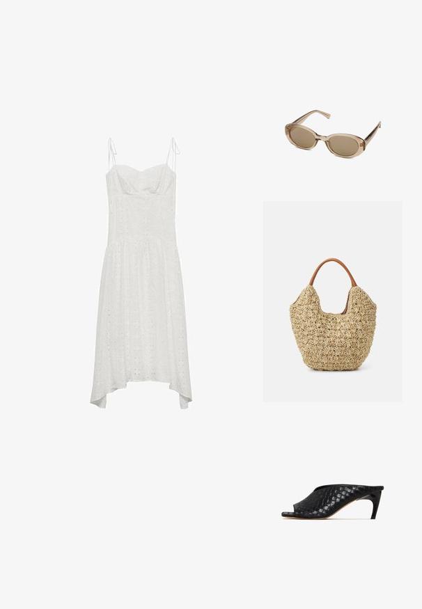 Weißes Baumwollkleid mit verstellbaren Trägern, herzförmigem Ausschnitt, Lochmuster und asymmetrischem Saum. Weicher Stoff und fließendes Design.; Schwarze, geflochtene Mules mit offenen Zehen und einem eleganten, geschwungenen Absatz. Das Material hat eine glatte Optik und weist ein strukturiertes, kariertes Muster auf.; Sonnenbrille mit einem transparenten beigen Rahmen, ovalen Gläsern und schlanken Bügeln. Ausgestattet mit lichtbraun getönten Gläsern und minimalem Branding.; Geflochtene Strohtasche mit natürlicher Textur und weicher, organischer Form, ausgestattet mit braunen Ledergriffen für einfaches Tragen.