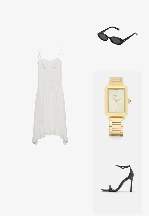 Vestido blanco de algodón con tirantes ajustables, escote en forma de corazón, patrón de ojales y dobladillo asimétrico. Textura suave y diseño fluido.; Sandalias de tacón alto negras con punta abierta, tiras delgadas y hebilla en el tobillo. Textura de cuero suave con un diseño de punta afilada.; Gafas de sol grandes de color negro con lentes ovalados, montura de plástico suave y detalles dorados en las patillas. Los lentes oscuros ofrecen protección solar.; Reloj de pulsera rectangular dorado con un diseño minimalista, que presenta una esfera color crema, manecillas doradas y una pulsera de eslabones metálicos. Las marcas incluyen el nombre de la marca.