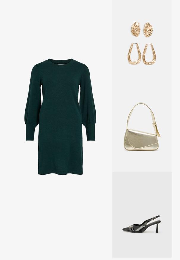 Abito verde lavorato a maglia con scollo rotondo, maniche lunghe a sbuffo e polsini a coste. Il tessuto appare morbido con una superficie liscia.; Scarpa slingback in vernice nera con punta affusolata, cinturini alla caviglia con fibbie in argento e accessori, e tacco sottile.; Borsa a mano metallica dorata con un design strutturato, superficie liscia e tracolla regolabile. Presenta una forma triangolare unica e cuciture minimaliste.; Orecchini in tono oro caratterizzati da forme ondulate eTexture. Comprendono chiusure clip-on scultoree e un design a cerchio aperto con finitura martellata.