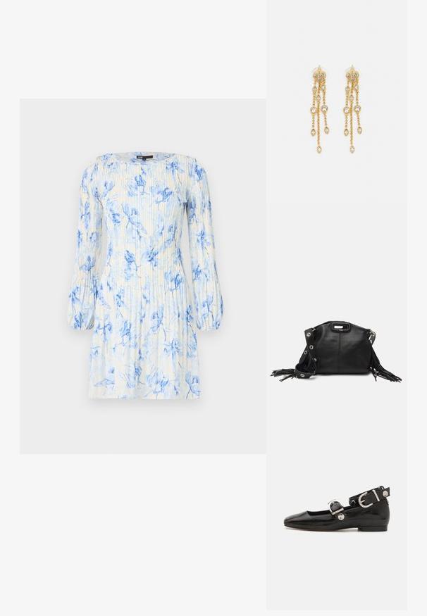 Lillelillelise printiga kleit sinise ja valge värviga, pikkade puhvusvarrukatega, ümar kaelus ja vertikaalsed pleedid tekstuuri loomiseks.; Must musta nahkkinga lamead kontsad, ruudukujulise varbaga, pahkluu rihmaga, mis sisaldab hõbedast taakleid, ning lame tald. Siledat pinda ja minimalistlikku disaini.; Maje MISS MINI - Ülerinna-kott - noir; Kuldne tooni kõrvarõngad mitme voolava ahelaga, millel on selged ovaalsed rhinestone aktsendid ja dekoratiivsed stud-tippud.