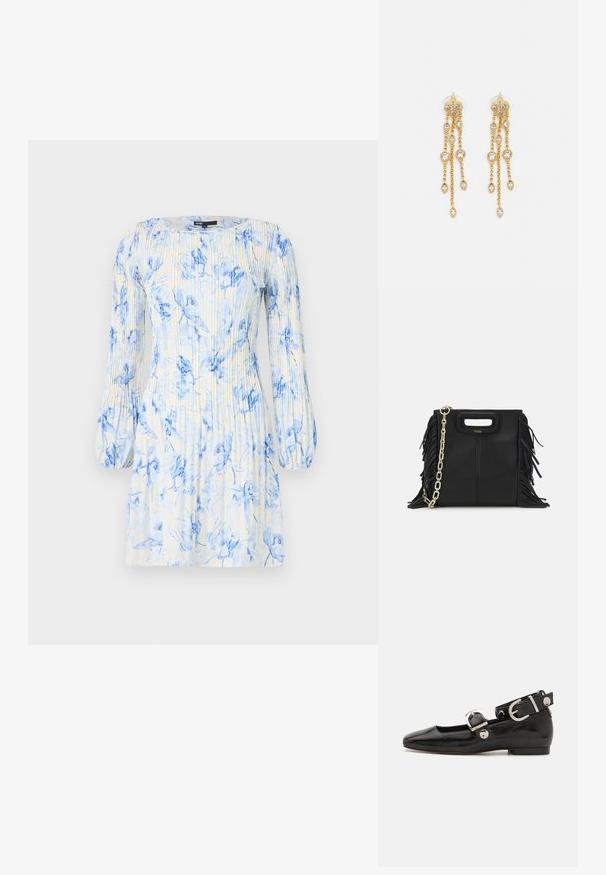 Lillelillelise printiga kleit sinise ja valge värviga, pikkade puhvusvarrukatega, ümar kaelus ja vertikaalsed pleedid tekstuuri loomiseks.; Must musta nahkkinga lamead kontsad, ruudukujulise varbaga, pahkluu rihmaga, mis sisaldab hõbedast taakleid, ning lame tald. Siledat pinda ja minimalistlikku disaini.; Musta nahk käekott, millel on frantsiisid, kuldne ahelsanga ja lõigatud käepide. Esiosas on logot.; Kuldne tooni kõrvarõngad mitme voolava ahelaga, millel on selged ovaalsed rhinestone aktsendid ja dekoratiivsed stud-tippud.