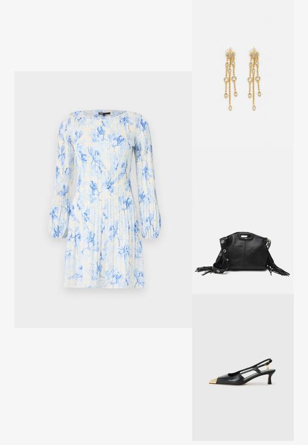 Blomstertrykt kjole i blå og hvite nyanser, med lange pufferm, rund hals og vertikale folder for tekstur.; Svarte skinn slingback-sko med spiss tå og gullmetallhette. Har utskjæringsdesign og en slank hæl med justerbar stropp.; Maje MISS MINI - Skulderveske - noir; Gullfargede øreringer med flere hengende kjeder, med klare ovale rhinestein aksenter og dekorative stud-topper.