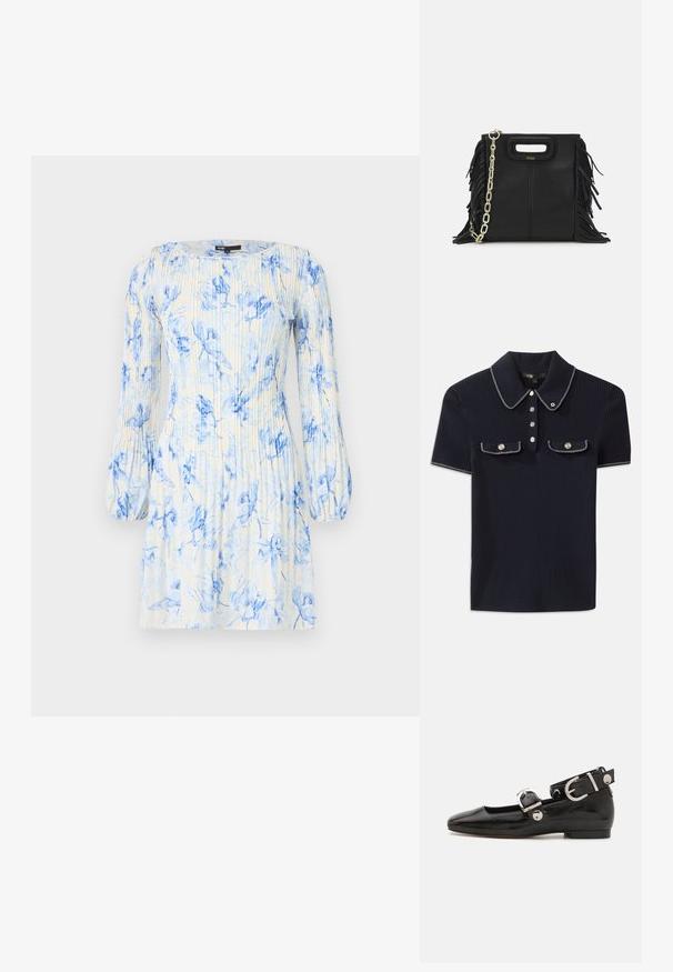 Bloemdrukjurk in blauwe en witte tinten, met lange puffmouwen, een ronde halslijn en verticale plooien voor textuur.; Marineblauwe geribbelde polo met een puntige kraag, korte mouwen en twee voorzakken met drukknoopsluiting; afgewerkt met witte stiksels accentueert.; Zwarte gepatineerde leren platte schoen met een vierkante neus, enkelband met zilverkleurige hardware en platte zool. Gladde textuur met minimalistisch ontwerp.; Zwarte leren handtas met franjes, gouden schouderband van schakels en een uitsnijding in de handgreep. Heeft het logo prominent aan de voorkant.