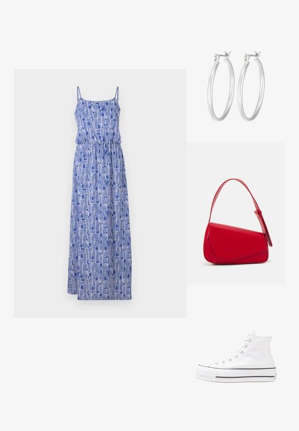 Maksikleita ar plānām siksnām, kas izgatavota no zila auduma, rotāta ar baltām abstraktām virmošanas rakstām. Elastīgs jostasvieta rada krošu efektu.; Balti augstie kanvas sporta apavi ar melnu gumijas zoli, priekšējo gumijas purngalu un sešām acīm lencēm, kuriem ir tīrs, minimālistisks dizains.; Sarkans ādas rokassomi ar stūrainu, ģeometrisku dizainu. Iekļauj vienu regulējamu siksnu un vāku ar izšūtu detaļu.; Sudraba riņķveida auss gredzeni ar gludu, pulētu apdari. Apaļa forma un drošs klikšķa augšējais slēgums. Viegls dizains, kas piemērots ikdienas valkāšanai.