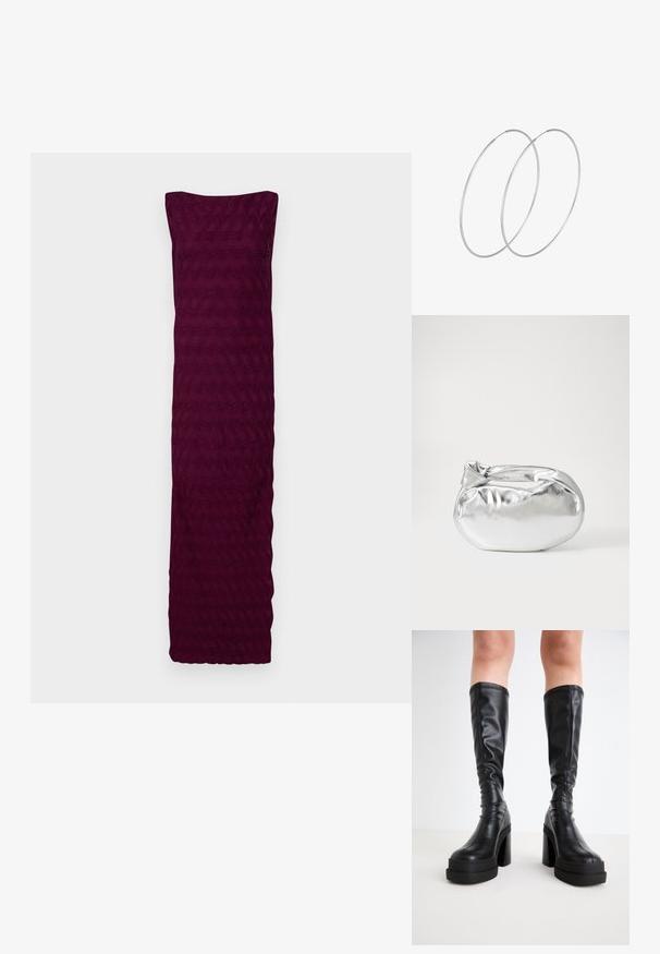 Burgundska obleka iz teksturirane tkanine z valovitim vzorcem, z brez naramnicami in ravnim robom na dnu.; Črne hlačne škornje do kolen, izdelane iz gladke usnje, z debelim podplatom in blokastim petami, z našitimi detajli ob robovih.; Srebrna kovinska torbica z mehko, zaobljeno obliko in zavezano zgornjo zaporo. Narejena iz gladkega umetnega usnja.; Srebrne uhane v obliki obroča z minimalističnim dizajnom. Krožna oblika, gladka tekstura in tanek profil. Lahki s poliranim zaključkom.