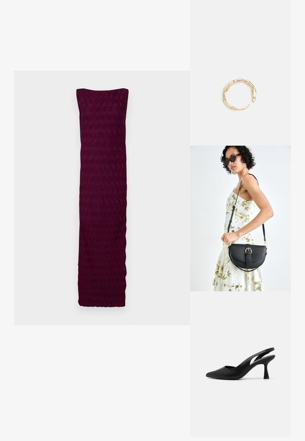 Burgundi spalvos suknelė, pagaminta iš tekstūrinio audinio su banguotu raštu, be petnešų dizainu ir tiesiu apvadu apačioje.; Juodi slingback aukšti kulniukai su smailiu nose, pagaminti iš lygaus odos. Yra išpjovimo dizainas ir tvirtas, siaurėjantis kulnas.; Juodas odinis krepšys su išlenkta forma, nuimamu dirželiu ir auksiniais detalėmis. Krepšys turi kilpą su sagtimi.; Auksinės spalvos žiedas, turintis organišką, sukimosi dizainą su lygiu paviršiumi ir siaurėjančiais galais, sukuriantis modernią skulptūrinę išvaizdą.