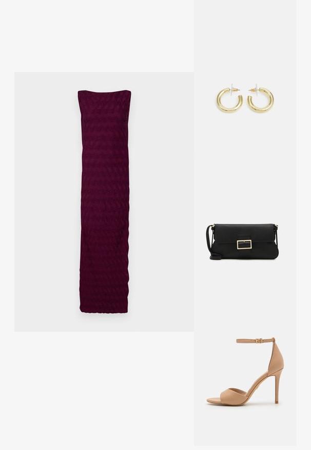 Bordový šaty vyrobené z texturovanej látky s vlnitým vzorom, s bezramienkovým dizajnom a rovnou spodnou časťou.; ALDO CRERIDE PILLOW WALK - Sandále - beige; Čierna kožená clutch taška s klopou a zlatým kovovým detailom s prackou. Obsahuje čierny remienok a elegantný, minimalistický dizajn.; Zlaté kruhové náušnice s hladkým, lesklým povrchom. Cirkulárny dizajn s malým steblom a jasným záznamom pre bezpečné nosenie.