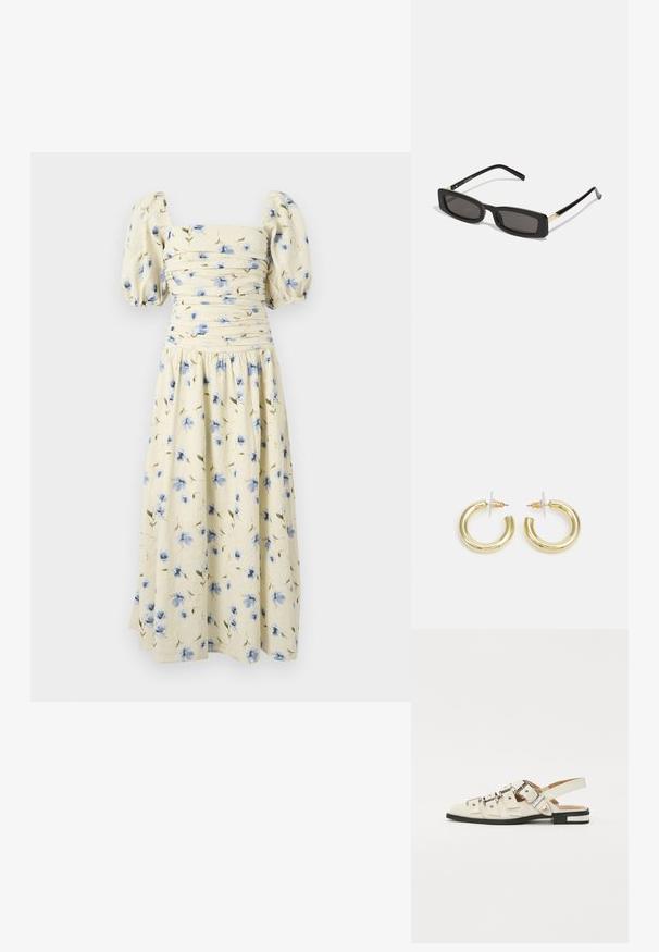 Cvečni midi obleki v svetlo rumeni barvi z modrimi cvetličnimi vzorci. Ima naborke na rokavih in prilegajoč bodice z nabranimi detajli.; Sandal v slogu z odprtim peto v beli usnjeni obvali z več širokimi trakovi in srebrnimi zaponkami; ravni podplat z majhno črno peto in kovinskimi detajli.; Črne pravokotne sončne očala s temnimi lečami, sijajnim plastičnim okvirjem in zlatimi poudarki na ušesnih delu. Minimalistična zasnova in eleganten oblik.; Zlate uhane v obliki obročkov z gladko, sijočo površino. Krožna zasnova s majhnim nosilcem in prozornim podplatom za varno nošenje.
