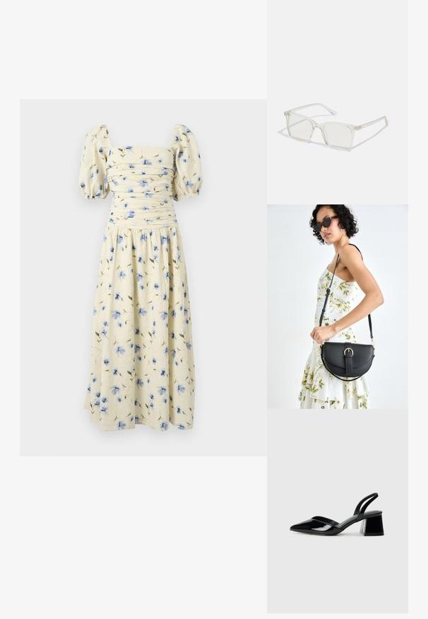 Kwiatowa sukienka midi w jasnym odcieniu żółtego z niebieskimi wzorami kwiatów. Posiada bufiaste rękawy oraz dopasowany gorset z marszczeniami.; Czarne lakierowane półbuty na obcasie z wydłużonym noskiem i geometrycznym słupkiem. Charakteryzują się eleganckim, minimalistycznym designem oraz gładką fakturą.; Przezroczyste, kwadratowe okulary z plastiku z półprzezroczystymi soczewkami, z złotymi akcentami na zausznikach dla dodatkowego wykończenia.; Czarna skórzana torebka o zakrzywionym kształcie, z odpinanym paskiem i złotymi akcentami. Torebka posiada klapę z zapięciem w kształcie klamry.