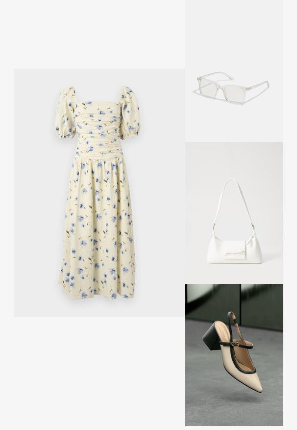 Bloemen midi-jurk in lichtgeel met blauwe bloempatronen. Heeft pofmouwen en een aansluitend lijfje met geplooide details.; Beige puntige slingback schoen met zwarte rand, gouden gesp en een chunky blokhak op een grijze vloer met een donker groene achtergrond.; Heldere plastic vierkante monturen met doorzichtige glazen, gekenmerkt door gouden accenten op de slapen voor extra detail.; Witte synthetische handtas met een driehoekige vorm, platte voorklep en strikdetail, verstelbare schouderriem, gladde textuur en minimalistisch ontwerp.