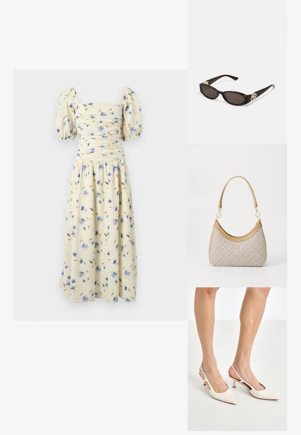 Blomster midi-kjole i lys gul med blå blomstermønstre. Har puffærmer og en tætsiddende overdel med indsamlet detaljering.; Beige patenterede læder slingback hæle med spids tå og 5 cm hæl, med udskårne sider og en tynd ankelrem.; Skildpaddemønster solbriller med aflange ovale linser, brun farve, guldlogo accenter på stængerne og slanke sorte arme.; Beige mønsteret taske med en buet form, læderdetaljer og et guldtonet logo på fronten. Har et kort håndtag for nem bæring.; Perle- og krystalhalskæde med et rundt, perlekantet design i lyse nuancer, der præsenterer skiftevis perler og glitrende detaljer, båret om halsen.