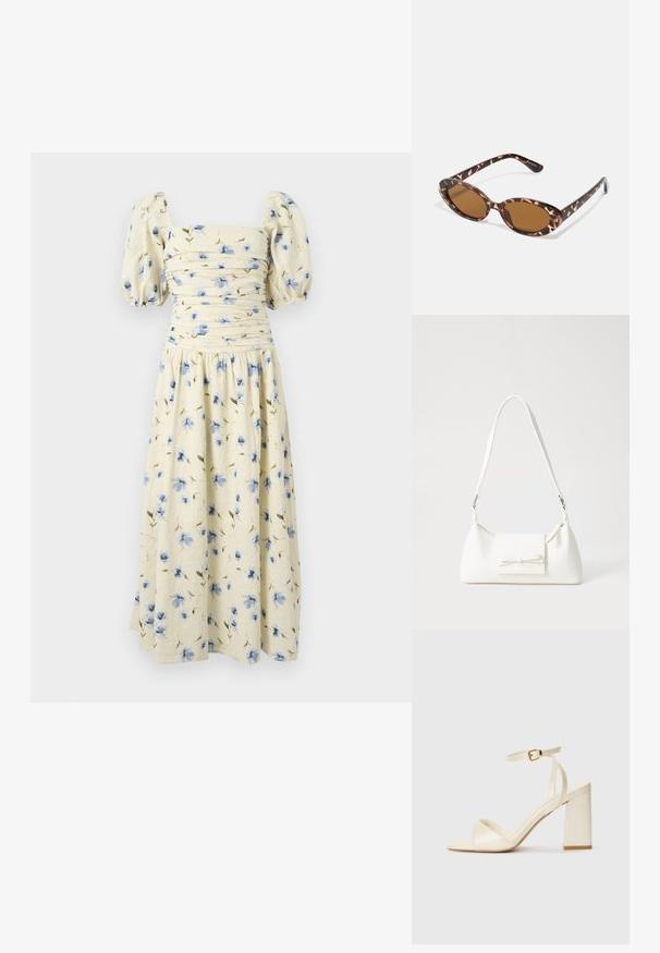 Floral midi dress in light yellow with blue flower patterns. Features puff sleeves and a fitted bodice with gathered detailing.; Cream-colored heeled sandals with an open toe, thick block heel, thin ankle strap, and subtle sheen finish. Buckle accent on strap.; Tortoiseshell sunglasses with oval lenses, brown-tinted, thin arms featuring a textured pattern, lightweight plastic frame.; White synthetic handbag with a triangular shape, flat front flap and bow detail, adjustable strap, smooth texture, and minimalistic design.