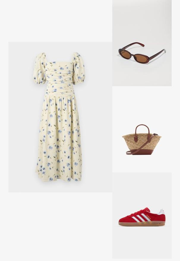 Blomster midi-kjole i lys gul med blå blomstermønstre. Har puffærmer og en tætsiddende overdel med indsamlet detaljering.; Rød ruskinds sneakers med hvidt tre-stribedesign og guld "Gazelle" tekst. Har en gummisål og en tekstureret hæl.; Runde, bruntonede solbriller med en glansfuld bordeauxramme. Slanke arme med diskret brandingdetalje. Flad linsedesign.; Vævet stråkurv med brune læderdetaljer, to håndtag og en aftagelig rem. Buet form med en robust bund.