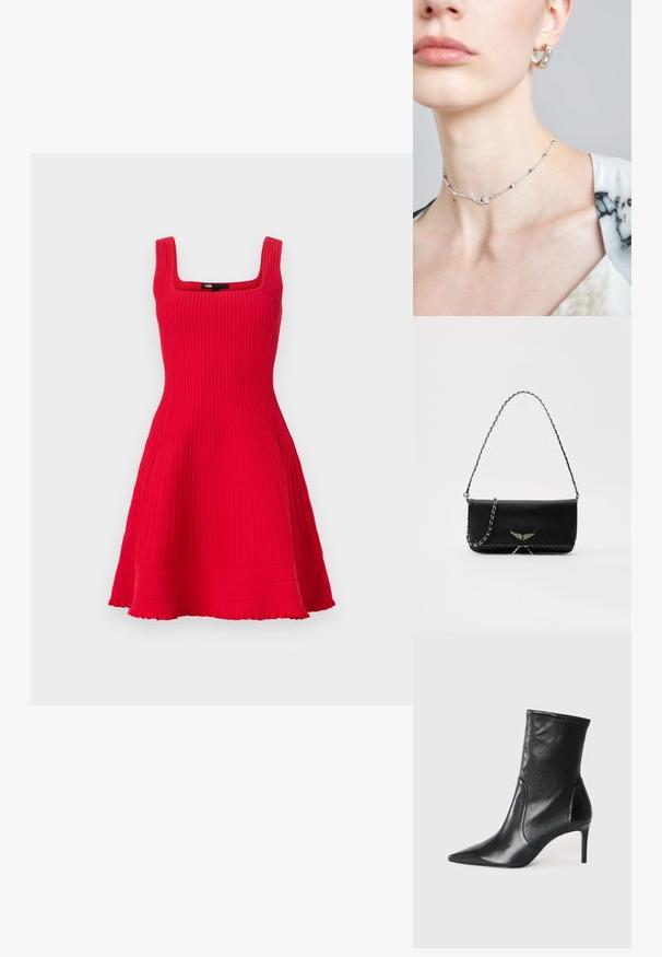 Maje RUTELL - Pletené šaty - rouge; Černé kotníkové boty vyrobené z hladké kůže, s špičatou špičkou, těsným svrškem a tenkým vysokým podpatkem. Minimalistický design bez viditelné mechaniky.; Černá kožená kabelka se stříbrným řetízkovým popruhem, zdobená dekorativními křídly a bílým prošíváním podél spodního švu.; Stříbrný choker náhrdelník s jemným řetízkem, zdobený geometrickými akcenty a malým dekorativním prvkem uprostřed. Viditelná hladká textura pleti.