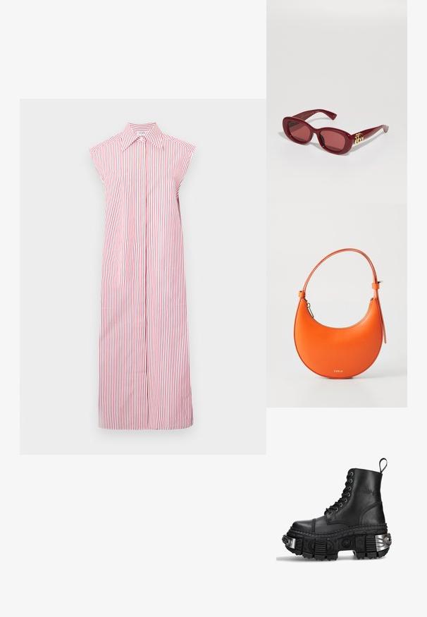 Rood en wit gestreepte mouwloze jurk met een kraaghalslijn, full-length ontwerp en een knopenlijn aan de voorkant. Bevat twee zijzakken.; Zwarte leren combatboot met hoge schacht, ronde neus, dikke gestructureerde zool, zilveren hardware-accenten en een kenmerkend profielpatroon.; Rode plastic zonnebril met rechthoekige monturen, getinte lenzen en een gouden logo-accent op de pootjes. Gladde, glanzende afwerking.; Oranje leren handtas met een halve maanvorm, slanke schouderband en gouden hardware. Beschikt over een rits sluiting en een gegraveerde merknaam op de voorkant.