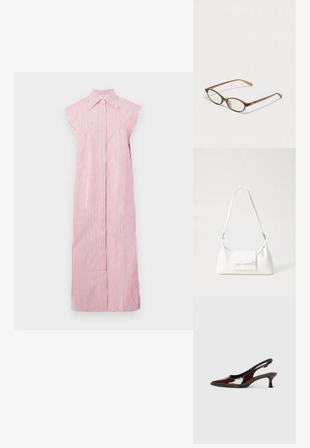 Raudonai ir baltai dryžuota beviršine suknelė su apykakle, pilno ilgio dizainu ir priekiniais mygtukais. Turi dvi šonines kišenes.; Rudos lakuoti odiniai slingback batai su smailiu pirštu ir vidutinio aukščio kulnu. Yra sagties dirželis, užtikrinantis tvirtą prigludimą. Lygus paviršius.; Rudos aukso dėklai su ovaliais lęšiais, plonomis kojelėmis ir skaidriais akcentais. Ant šventyklos yra subtilus logotipas. Plonas, lengvas dizainas.; Balta sintetinė rankinė trikampio formos, plokščiu priekiu su užsegimu, kaspino detale, reguliuojama dirželiu, lygia tekstūra ir minimalistišku dizainu.