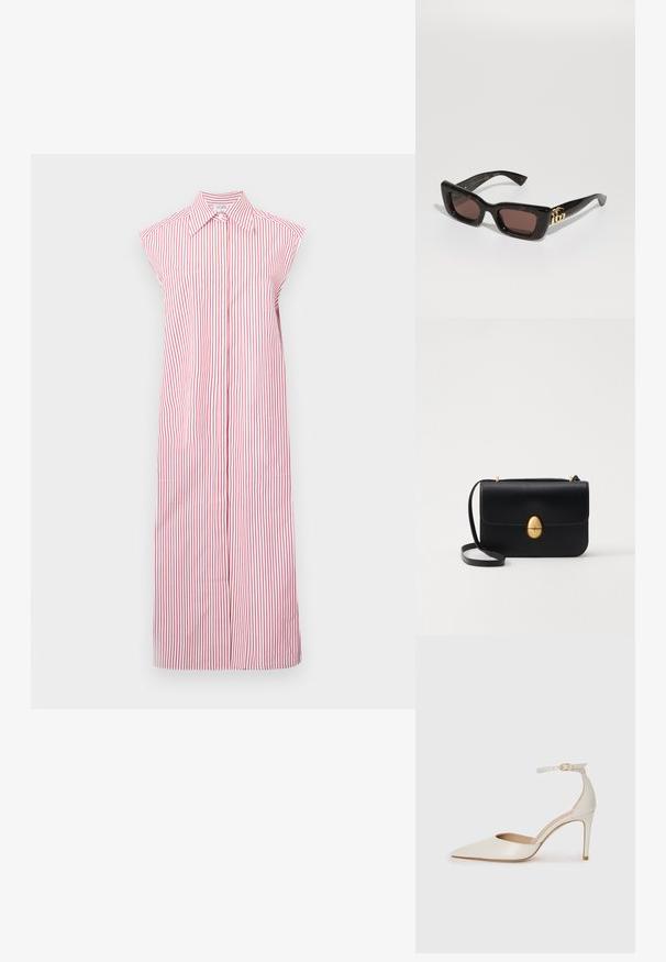 Punase ja valge triibuline ilma varrukateta kleit, millel on kraega kaelus, täispikk disain ja eesmine nööbiplokk. Omab kahte küljetaskut.; Valgete nahast kõrge kontsaga kingad, terava varbaga, ankle strapiga ja kitsaste stiletto kontsadega. Sile tekstuur koos peene läikega.; Mustad kilpkonna pruunide läätsedega päikeseprillid, paksu raamiga ja kuldse topelt-G logo detailiga põlves.; Must kase nahast käekott, millel on struktureeritud ristkülikukujuline kuju. Omab kuldset ovaalset lukku ja õhukest õlavarre rihma. Sile tekstuur.