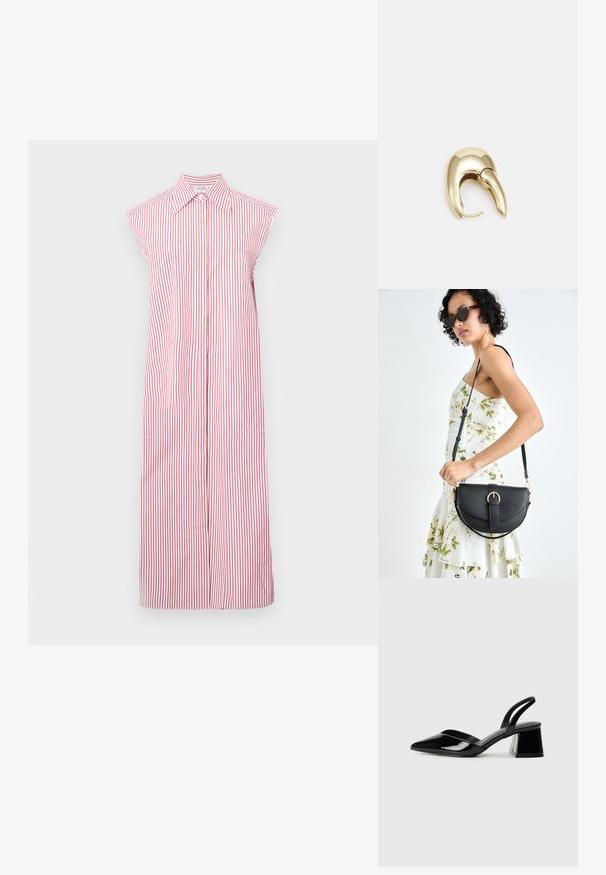 Rot-weiß gestreiftes ärmelloses Kleid mit kragenlosem Ausschnitt, bodenlangem Design und einer vorderen Knopfleiste. Verfügt über zwei Seitentaschen.; Schwarze Lackleder-Slingback-High Heels mit spitzem Schuh und einem geometrischen Blockabsatz. Verfügt über ein schlankes, minimalistisches Design und eine glatte Textur.; Schwarze Lederhandtasche mit geschwungener Form, abnehmbarem Tragegurt und goldenen Beschlägen. Die Tasche verfügt über einen Deckel mit einer Schnallen-Details.; Ohrringe aus goldfarbenem Metall mit einem schlanken, geschwungenen Design. Sie verfügen über eine markante, spitze Form, eine polierte Oberfläche und einen Scharnierverschluss.